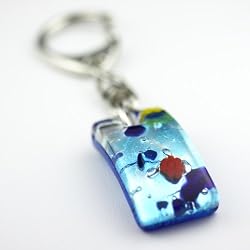 Handmade Square Shaped Murano Glass Keyring- Alexander Blue Silver Style 2