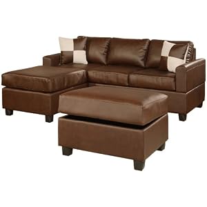 Bobkona Jr. Soft-touch 3-pcs Sectional Set (Sofa, Loveset and Ottoman with Storage) Bounded Leather Match in Walnut Color - F7332
