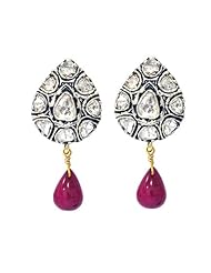 Victorian Style Rose Cut Diamond Ruby Drop 14kt Yellow Gold Earrings Silver Jewelry