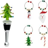 Christmas Tree Bottle Stopper w/ Holiday Wine Glass Charms