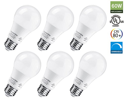 A19 LED Bulb, LuminWiz 9W 5000K 700lm Dimmable UL-Listed LED Light Bulbs 60W Equivalent,E26 Base,Energy Star,Crystal White,6-Pack