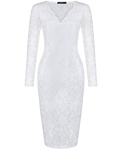 OUGES Womens Long Sleeve Floral V-Neck Bridesmaid Lace Dress
