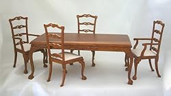 Dollhouse Miniature Walnut Dining Room Table and Carver Chairs