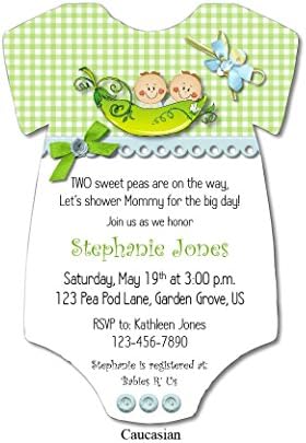 Peas in a Pod TWIN BOYS Gingham One piece Baby Shower Invitations - with Envelopes - PRINTED