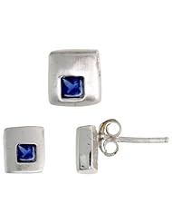 Sterling Silver Matte-finish Square-shaped Stud Earrings (6mm) & Pendant Slide (7mm tall) Set, w/ Princess Cut Blue Sapphire-colored CZ Stones
