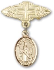 Gold Filled Baby Badge with St. Walter of Pontnoise Charm and Badge Pin with Cross
