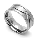 8MM Comfort Fit Titanium Wedding Band Christian Fish Engraved Flat Ring (Size 6 to 14) Size 6.5