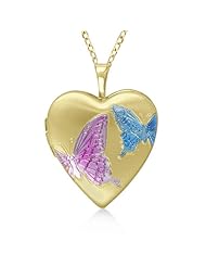 Heart Shaped Necklace Locket With Colored Butterfly Pattern For Women 14K Yellow Gold Vermile