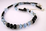 March Aquamarine Swarovski Crystal Birthstone Beaded Necklaces in Sterling Silver with Black Pearls by Gemstone Gifts Handmade Jewelry