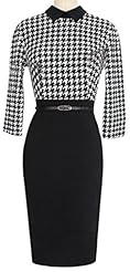 Cotton Belted Houndstooth Print Knee Length Bodycon Dress/Party Dress 