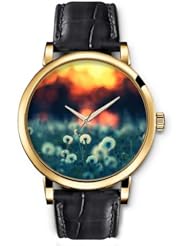 SPRAWL Aanalog Fashion Series Gold Ladies Watches of Genuine Black Leather Strap,Unique Wrist Watch for Women Girls Designed with Dandelion
