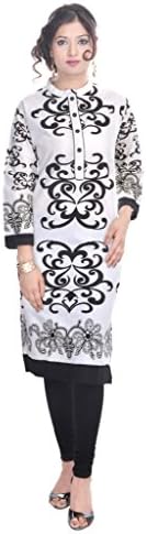 Shop Rajasthan Women's 3/4 Sleeve Printed Round Neck Tunic Top Cotton Kurti Medium White
