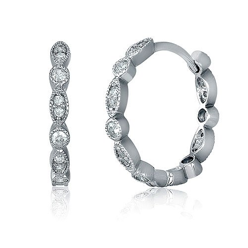 Sterling Silver 925 Cubic Zirconia CZ 0.7 inch Hoop Huggies Earrings