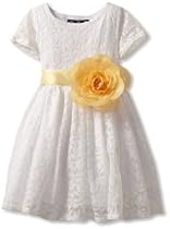 Hot Sale Blue Pearl Girls 2-6x Jackie Dress Stretch Lace with Yellow Satin Belt and Flower, White, 4