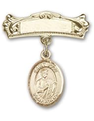 14K Gold Baby Badge with St. Jude Thaddeus Charm and Arched Polished Badge Pin