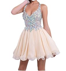 V-neck Chiffon/Satin Short  Homecoming Dress/Party Dress/Wedding Dress  With Rhinestones
