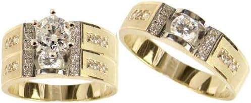 Yellow Gold Plated, Trio Three Piece Wedding Ring Set with Lab Created Gems