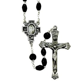 5mm Black Coco Rosary Beads on 27 1/2" Rosary Necklace with Fine Pewter Crucifix and Center. The Neck Chain Size is 24" Length.