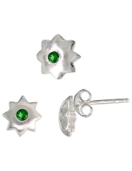 Sterling Silver Matte-finish Star Stud Earrings (7mm) & Pendant Slide (8mm) Set, w/ Brilliant Cut Emerald-colored CZ Stones