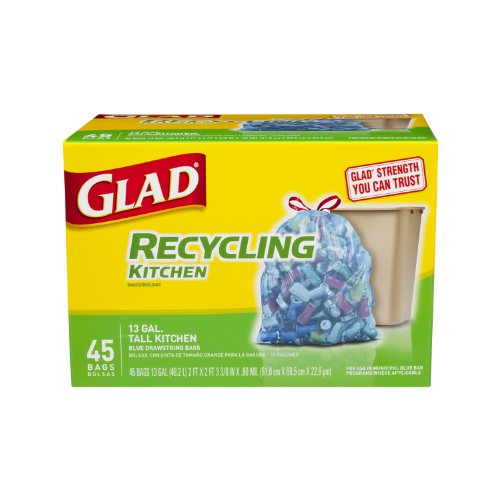 Glad Tall Kitchen Drawstring Blue Recycling Trash Bags, 13 Gallon, 45