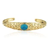 Yellow Gold Plated Sterling Silver Flower Design Chinese Turquoise Bangle Bracelet