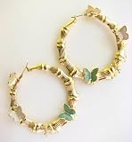 Disney Couture Gold Plated Tinkerbell Bamboo Hoops Earrings With * White, Pink, Teal * Butterflies * Kidada Jone
