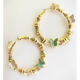 Click here to buy Disney Couture Gold Plated Tinkerbell Bamboo Hoops Earrings With White, Pink, Teal Butterflies... by Disney.