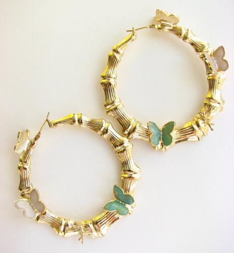 Click here to buy Disney Couture Gold Plated Tinkerbell Bamboo Hoops Earrings With White, Pink, Teal Butterflies... by Disney Couture.