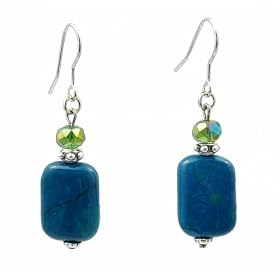 Earrings - Genuine Chrysocolla Gemstone and Fire Polished Glass ~ Rectangle (SPE3) by 