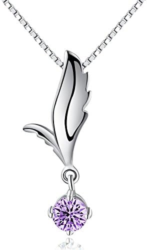 Sachael Jewelry Rhodium Plated Sterling Silver Angel Wings Pendant Necklace With Purple Cubic Zironia For Women, 18" (Purple)