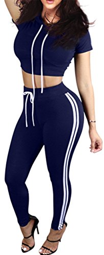 Kashani Women's Casual Sport Workout Hooded Crop Top Long Pant Jumpsuits Rompers