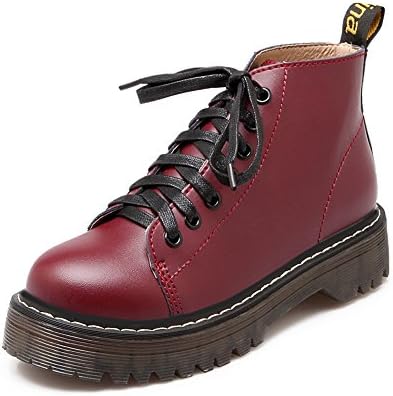 BalaMasa Girls Bandage Square Heels Platform Claret Pig Skin Boots - 7 B(M) US