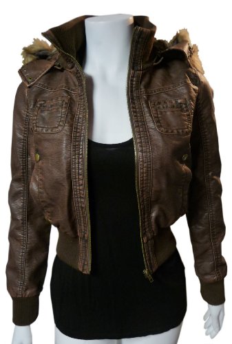 Faux Leather Bomber Jacket with Removable Fur Hood