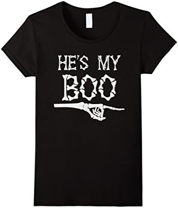 Women's Halloween T-Shirt He's My BOO Boyfriend Couple Dating tee Medium Black