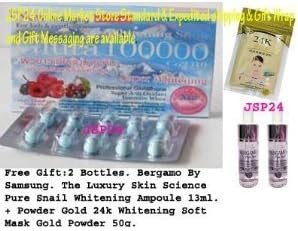 12 Boxes X 10 Capsules Glutathione 100,000. Coenzyme Q 10 Plus + Vitamin C, Berry Mix. (Dietary Supplement From Switzerland.) Have Been Tested By Halal and Gmp. Antioxidants + Whitening + Reduces Scars + Acne Pits + Dark Sports + Freckles. Free Gift:2 Bottles. Bergamo By Samsung. The Luxury Skin Science Pure Snail Whitening Ampoule 13ml. + Powder Gold 24k Whitening Soft Mask Gold Powder 50g.