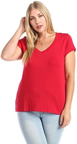 PLUS SIZE Womens Basic Jersey Cotton Wide V-Neck Short Sleeve Casual Tee Shirt Top (2XL, Red)