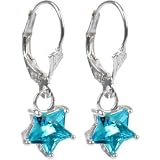 .925 Sterling Silver Aqua (March) Star Cubic Zirconia Earrings