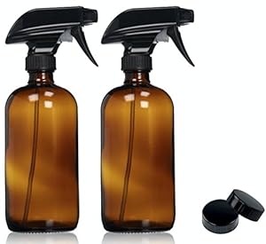 Empty Amber Glass Spray Bottle - Large 16 oz Refillable Container for Essential Oils, Cleaning Products, or Aromatherapy - Black Trigger Sprayer w/ Mist and Stream Settings-2 Pack