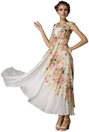 Miaoyifashion Women's Retro Style Print Sleeveless Chiffon Dress L Photo Color