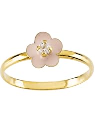 14K Yellow Gold Cubic Zirconia Pink Enamel Childrens Floral Ring (Size-3)