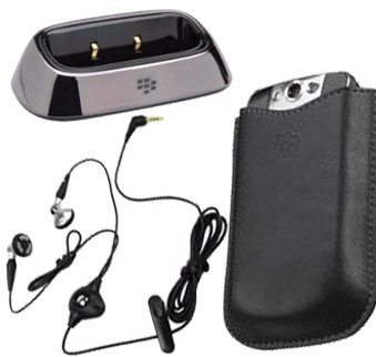 Blackberry OEM Black Wired Stereo Headset with HandsFree Headphones, Black Synthetic Pocket Case and Charging Pod for Blackberry 8220 Pearl Flip