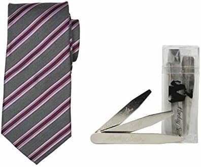 Men's Modlines Handmade Silk Tie and Monkey Suits Logo Magnetic Boxed Collar Stay Set- 18 Stays, 3 Sizes (3.75", Gray/Pink Stripe)