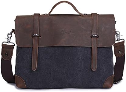 CHADA Cotton Canvas Genuine Leather Cross Body Laptop Messenger Shoulder bag Black