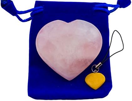 Rose Quartz Pub Heart Worry Stone with (1 pcs.) Assorted Color Keychain and Blue Velvet Pouch (Rose Quartz)
