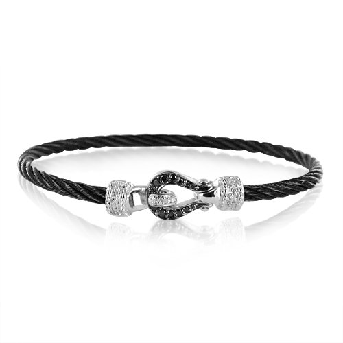  Black and White Diamond in Silver Bracelet with Stainless Steel Cable