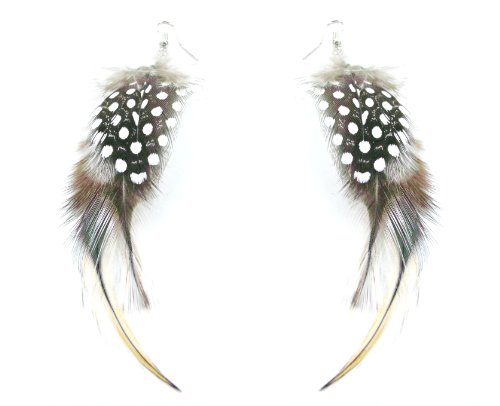 Natural Neutral Beige Tan Brown & Black Feather Dangle Earrings, 5 Inches Long