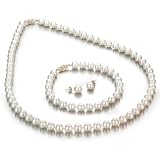 White Freshwater Cultured Pearl 3-Piece Set, 14k Yellow Gold Fishhook Clasp, 6-7mm AA+ Quality Pearls, 18 Inch Necklace, 7 Inch Bracelet