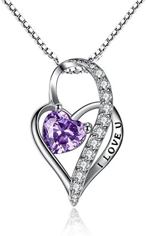 Sterling Silver I Love You Engraved Double Heart Purple Pendant Necklace, 18''