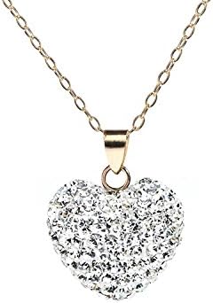 14K Solid Gold White Pave Crystal Heart Pendant In Gold Fill Chain Necklace Made with Swarovski Elements