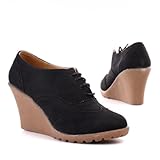 Damen Schuhe, STIEFELETTEN, KEIL BOOTS MIT SCHNÜRUNG, AY-28, Synthetik in hochwertiger Leder Optik, Schwarz, Gr 38